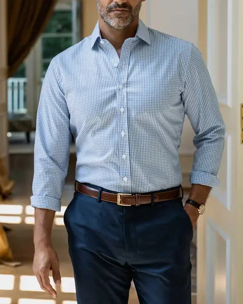 Man wearing a light blue and white gingham non-iron shirt and navy chinos in an indoor setting