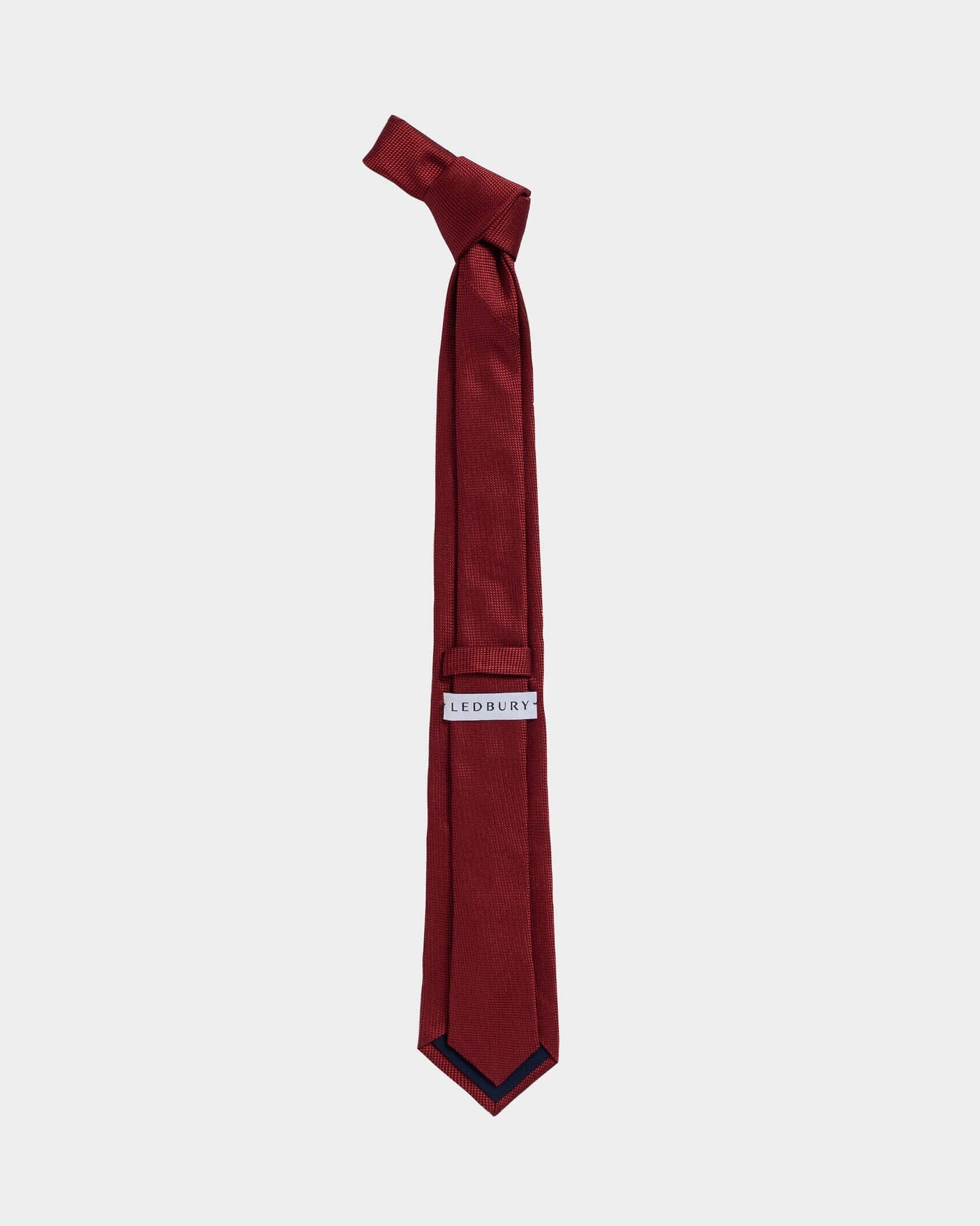 Full length back view of the Red Barone silk tie — 58 inches, modern width by Ledbury