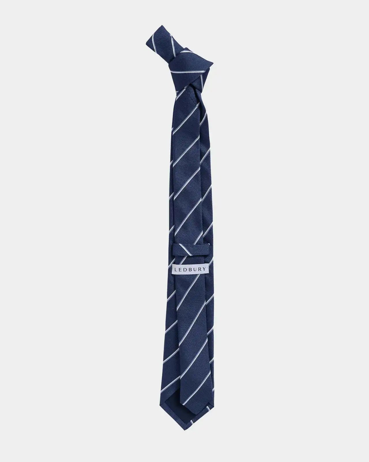 Back view of the Ledbury Navy Abate Stripe Silk Tie