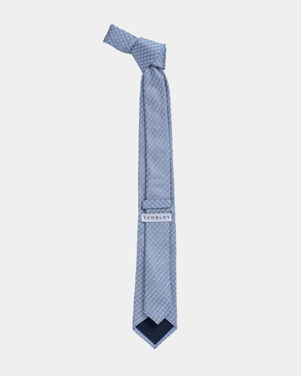 Ledbury Light Blue Fonda Dot Silk Tie back view detail – Made in Italy, 58 inches long