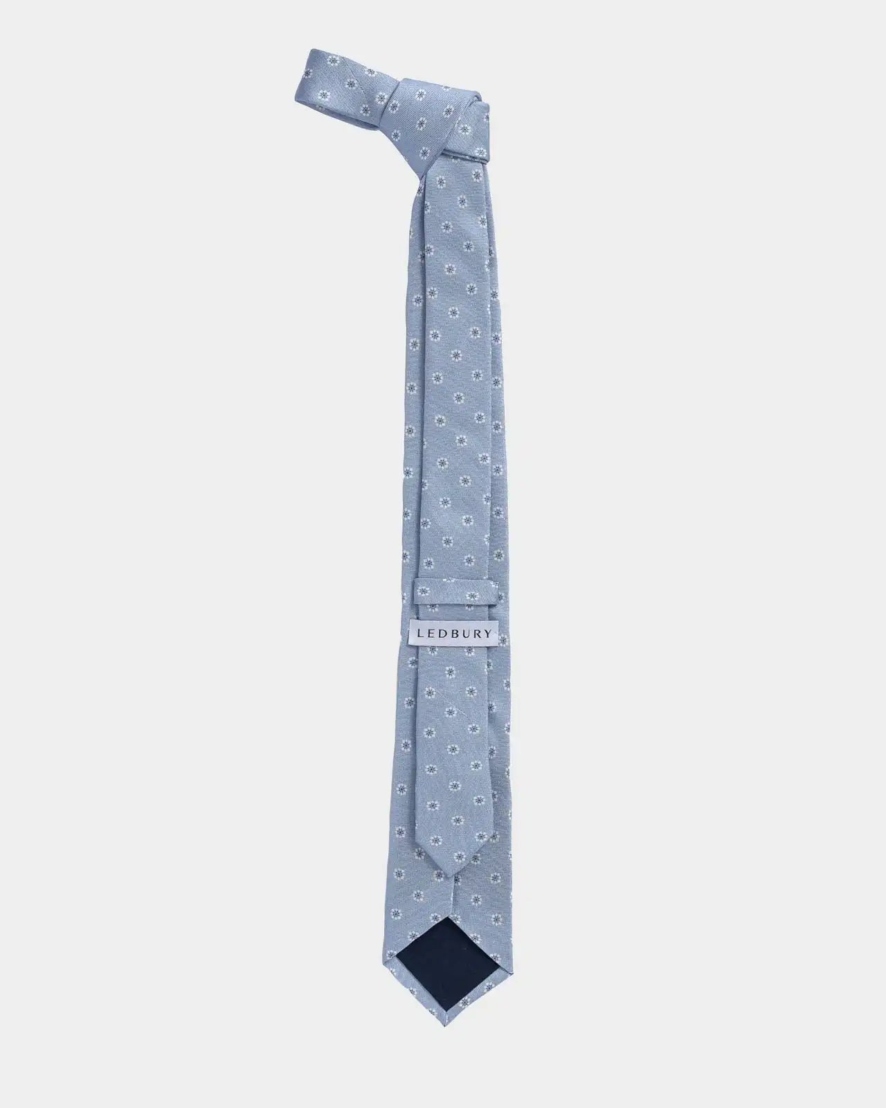Ledbury Light Blue Moretti Floral Silk Tie back detail – Made in Italy, 58 inches long