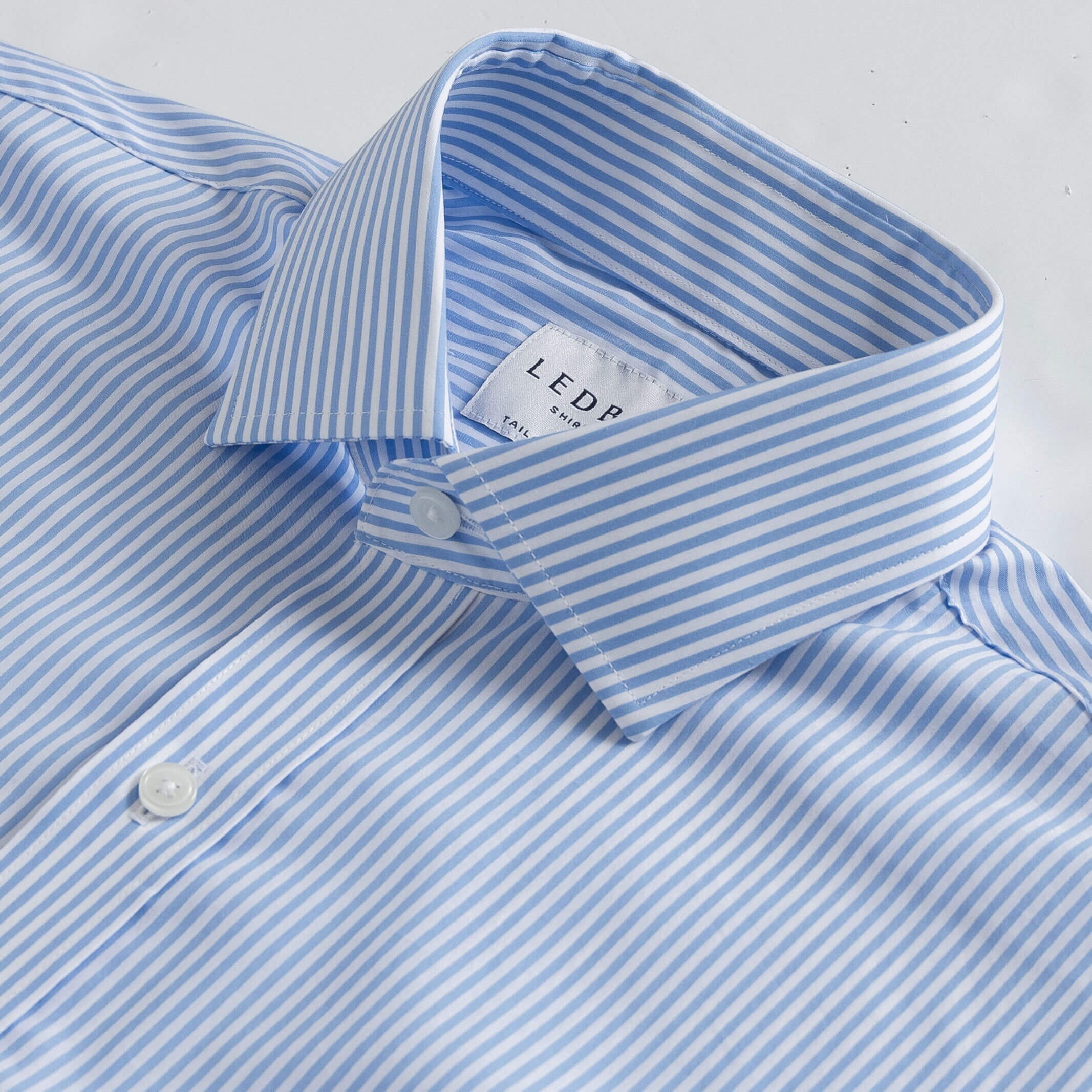 The Light Blue Broughton Stretch Poplin Stripe Custom Shirt Custom Dress Shirt- Ledbury