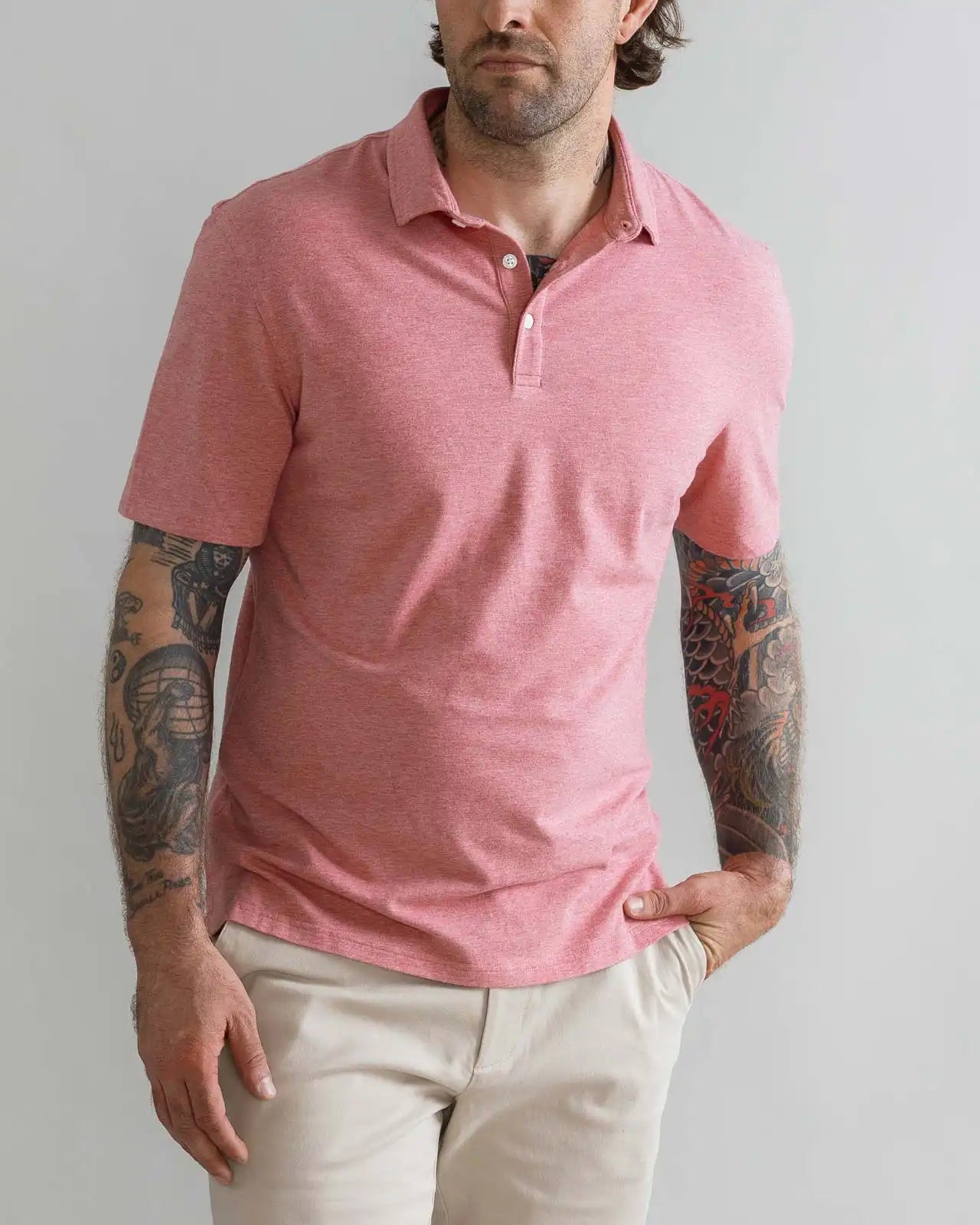 Model wearing the Ledbury Freeman Knit Custom Polo in Washed Red
