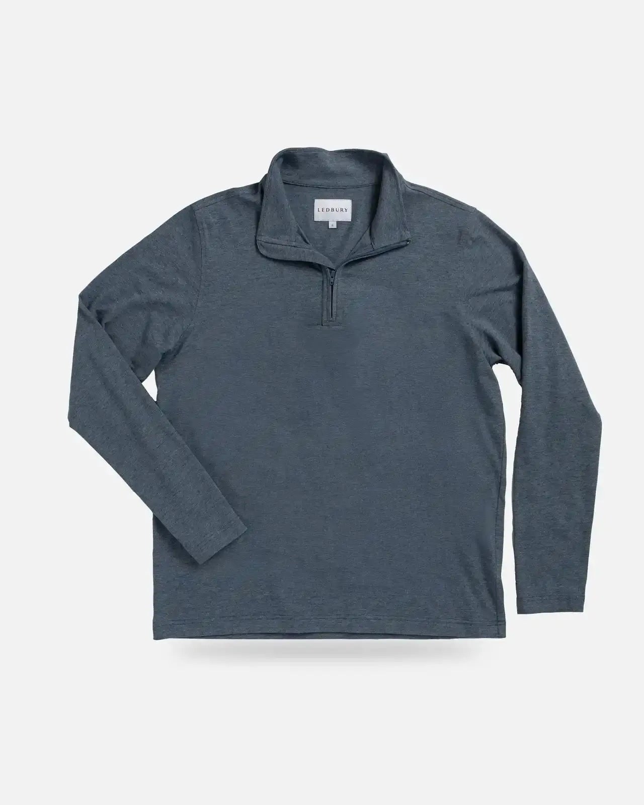 A heather blue long-sleeve quarter-zip pullover with a mock neck collar, displayed flat