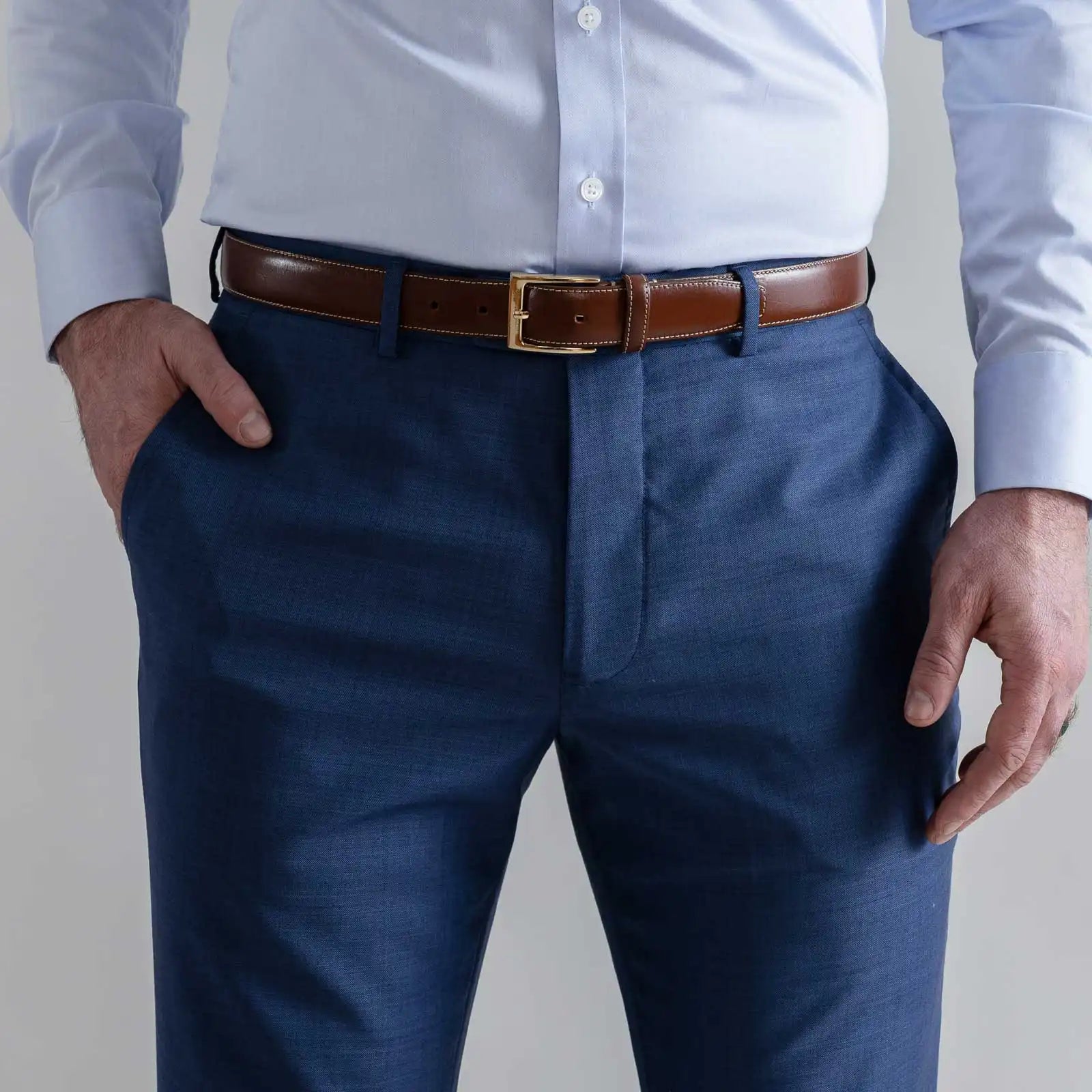 Blue Richmond dress pant close up view - tailored men's trousers