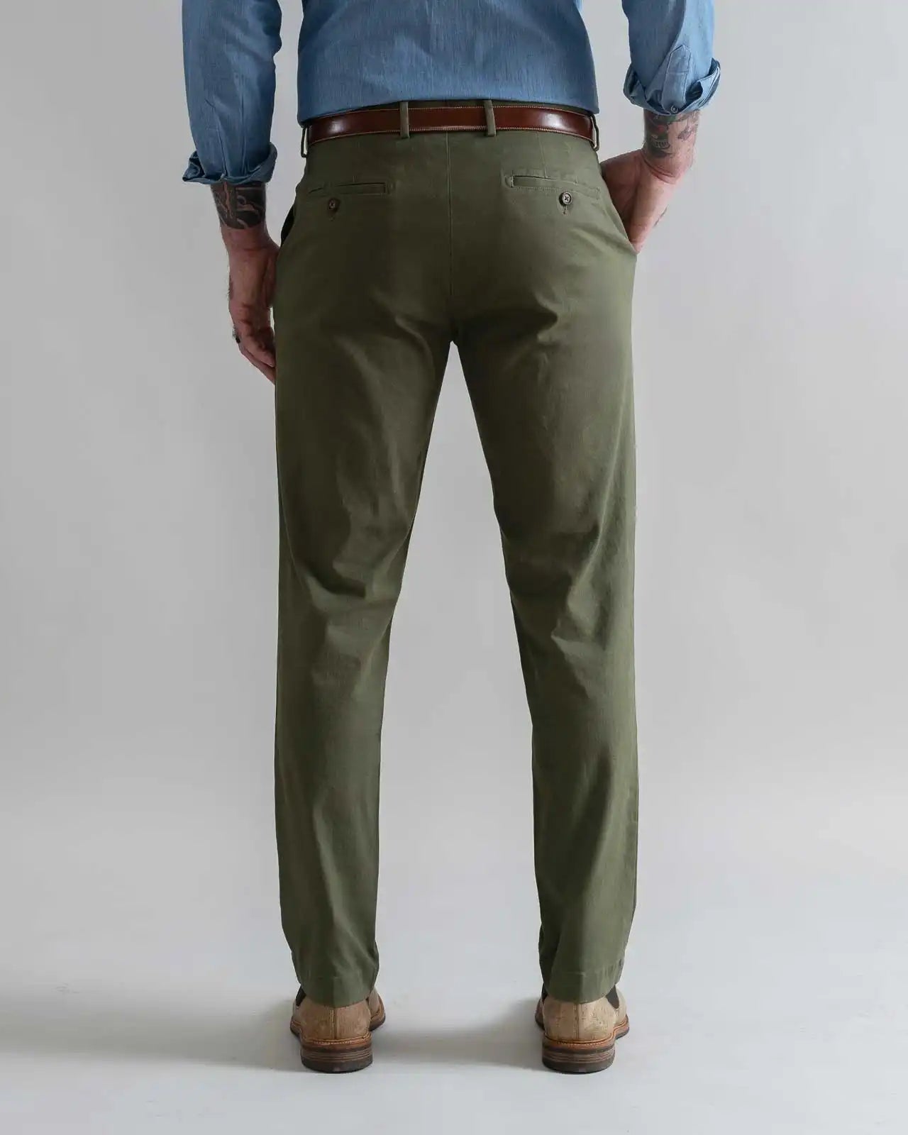 Custom fit dark olive chino pant modern fit detail