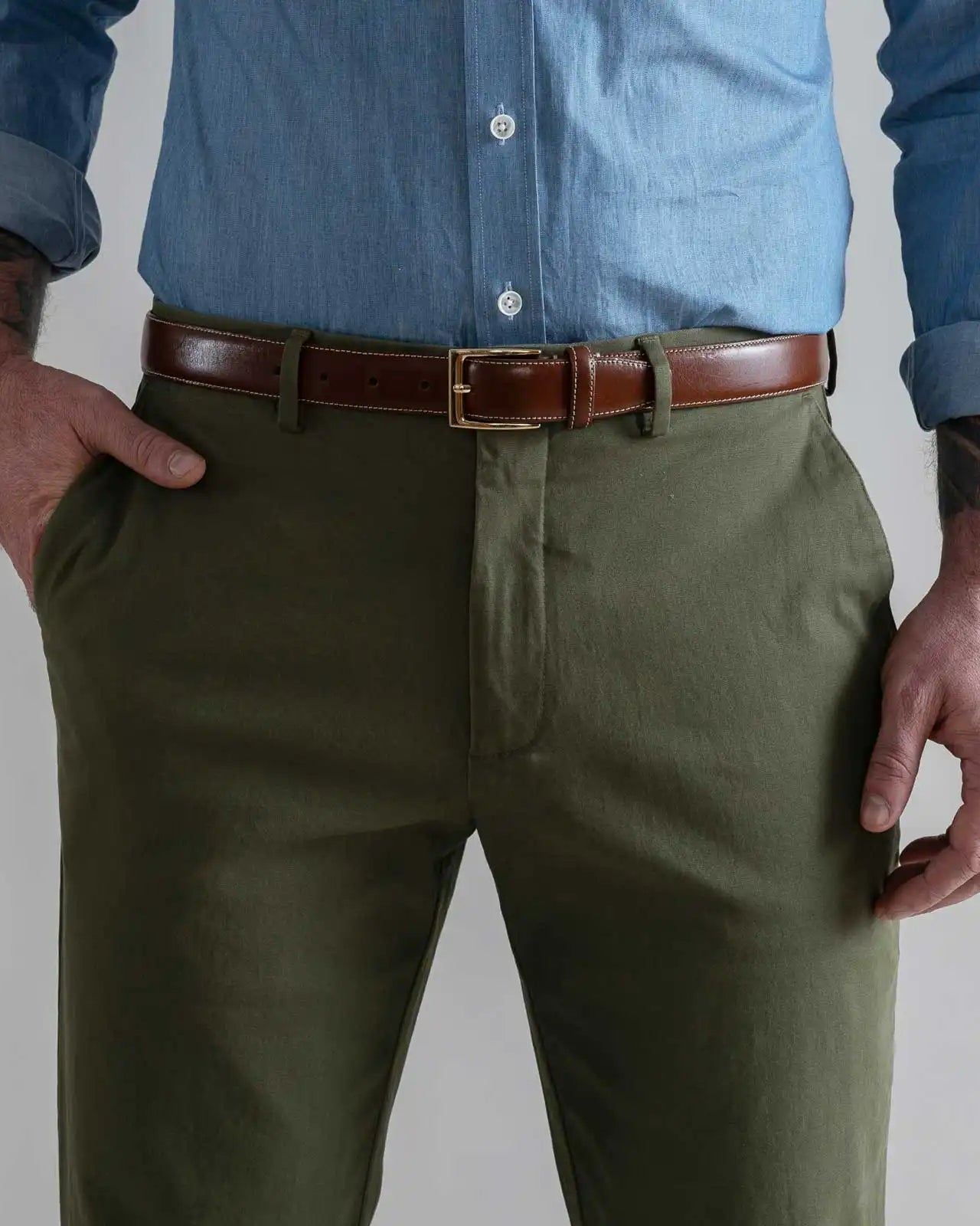 Dark olive Richmond chino straight cuff construction detail