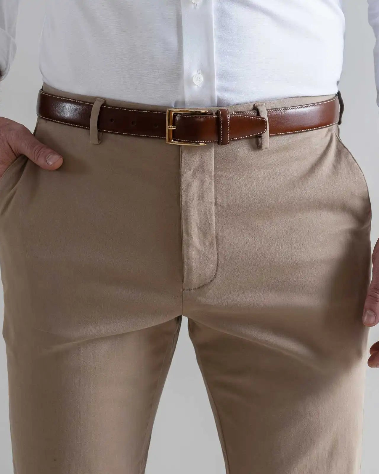 Dark khaki Richmond chino close up waist detail