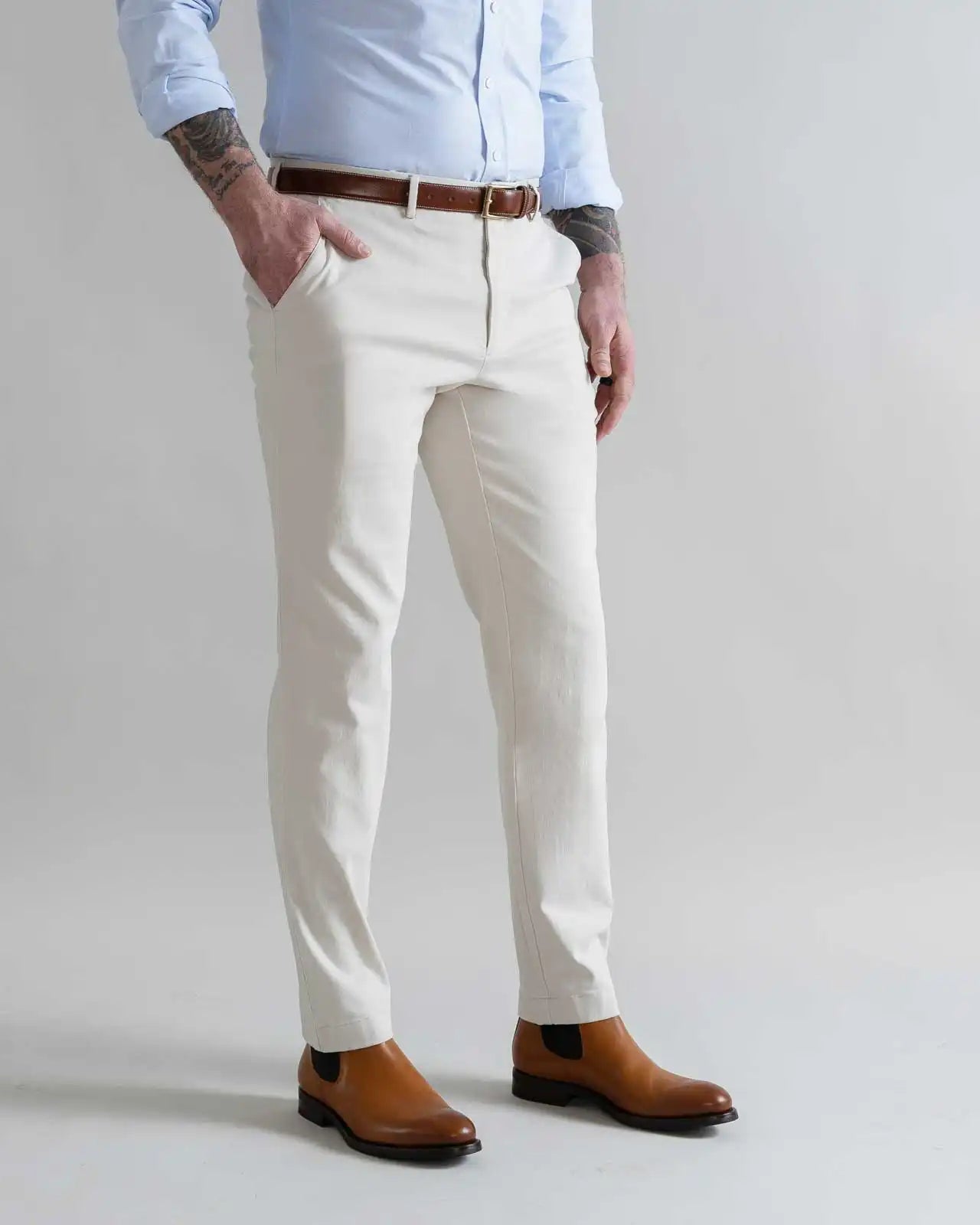 Custom fit light khaki chino pant modern fit detail