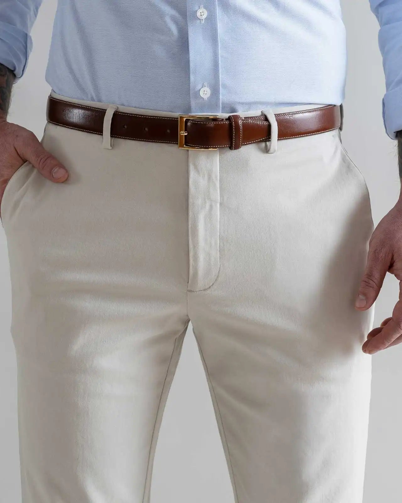 Stretch cotton twill chino fabric close-up - light khaki