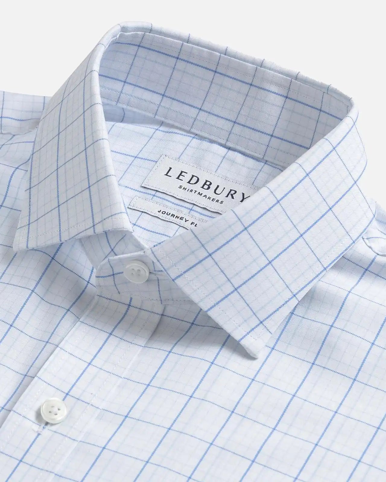 Blue windowpane dress shirt collar detail – Ledbury Journey Flex reinforced collar