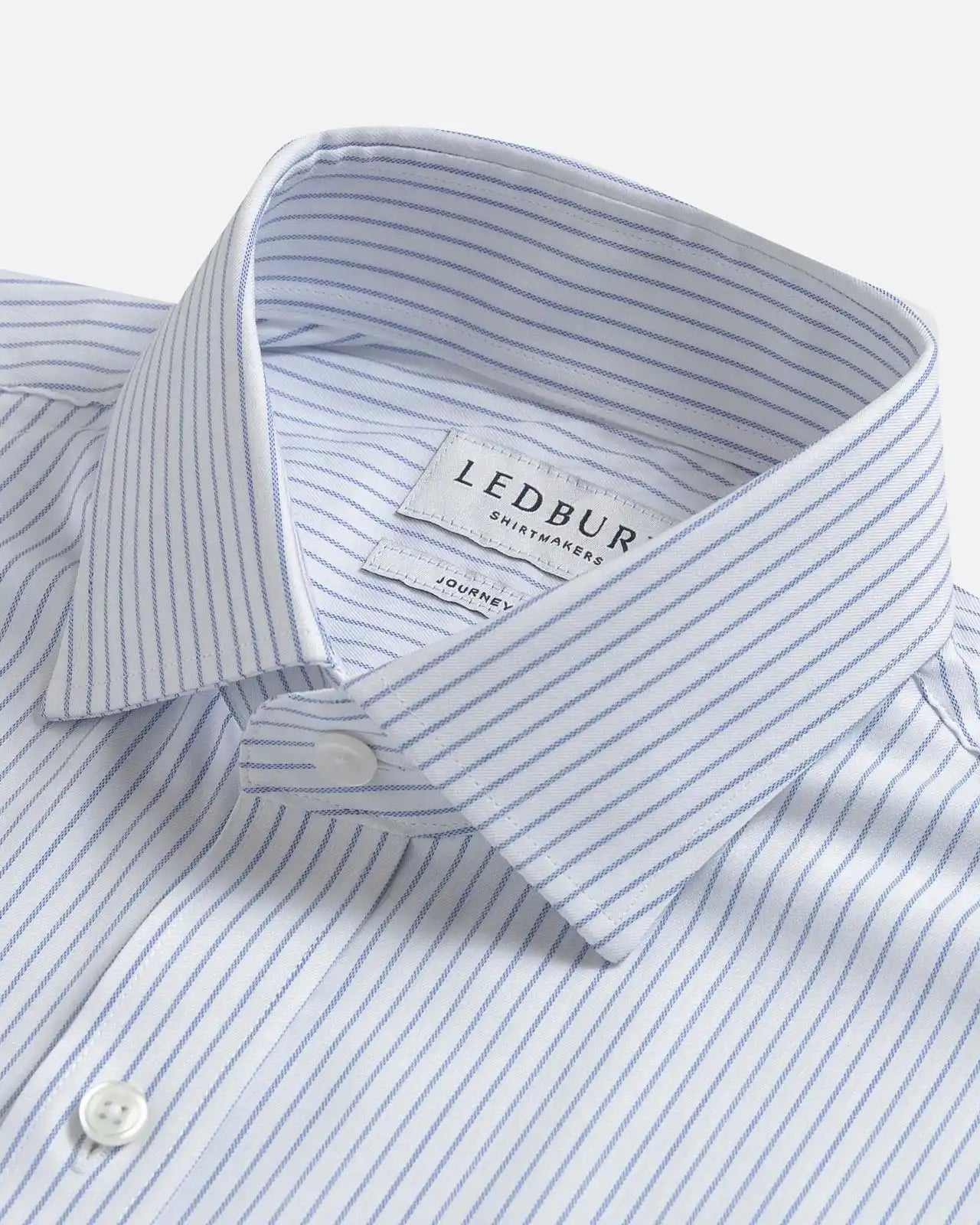 Blue stripe dress shirt collar detail – Ledbury Journey Flex reinforced collar