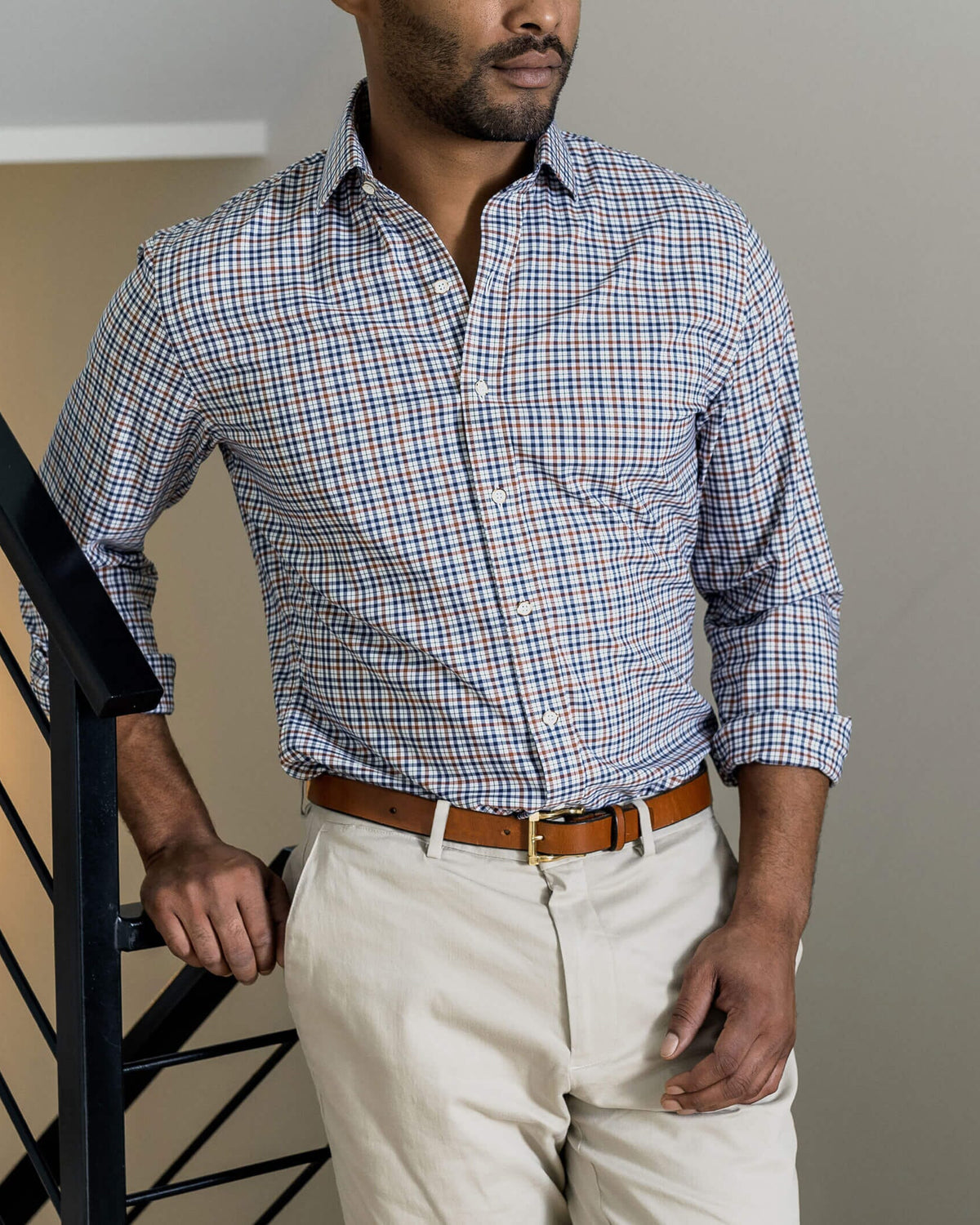 Man wearing sienna Journey Flex performance check dress shirt - wrinkle-resistant stretch fabric