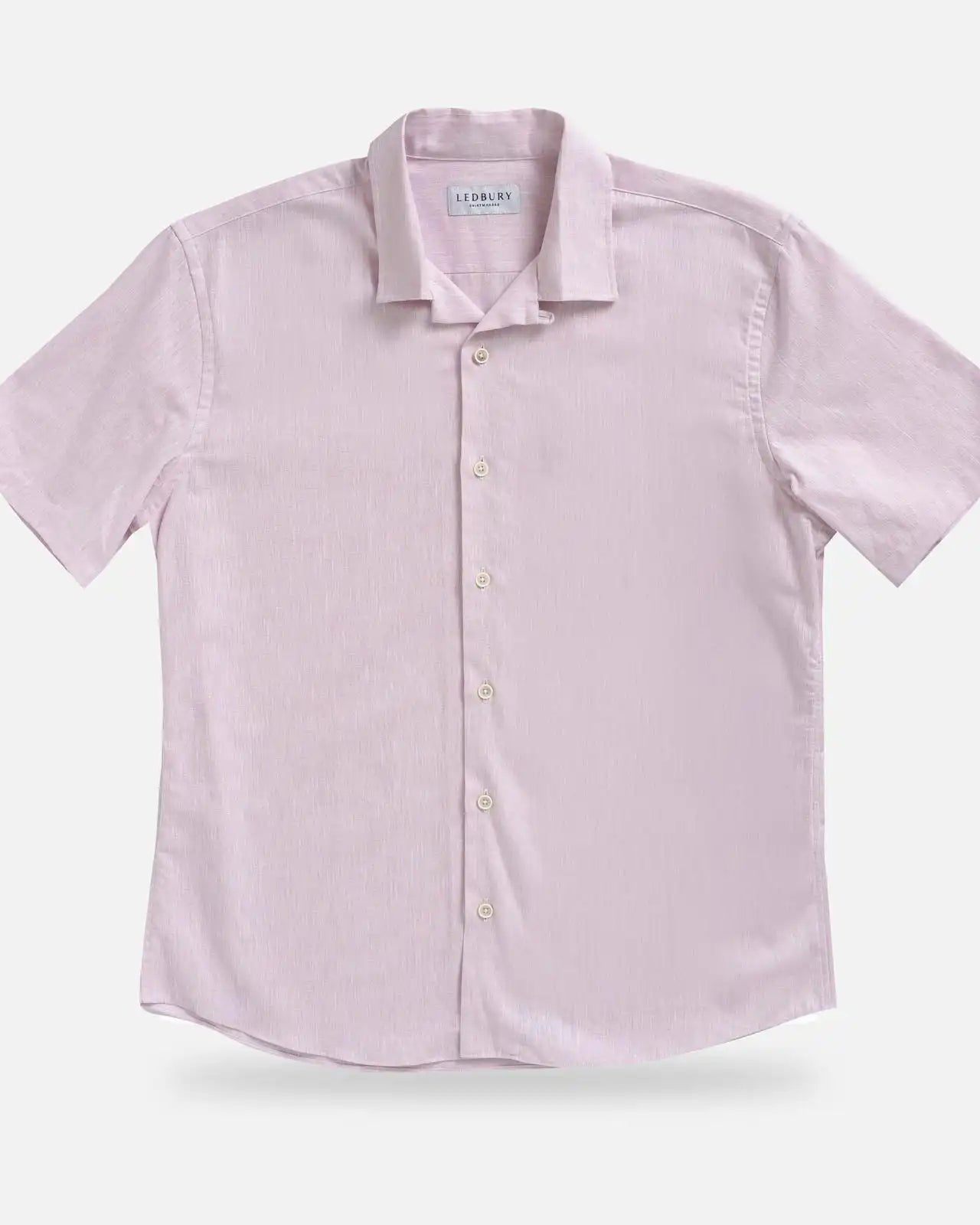 Pink Sandoval Camp Collar shirt flat lay — slub cotton oxford chambray texture in pink