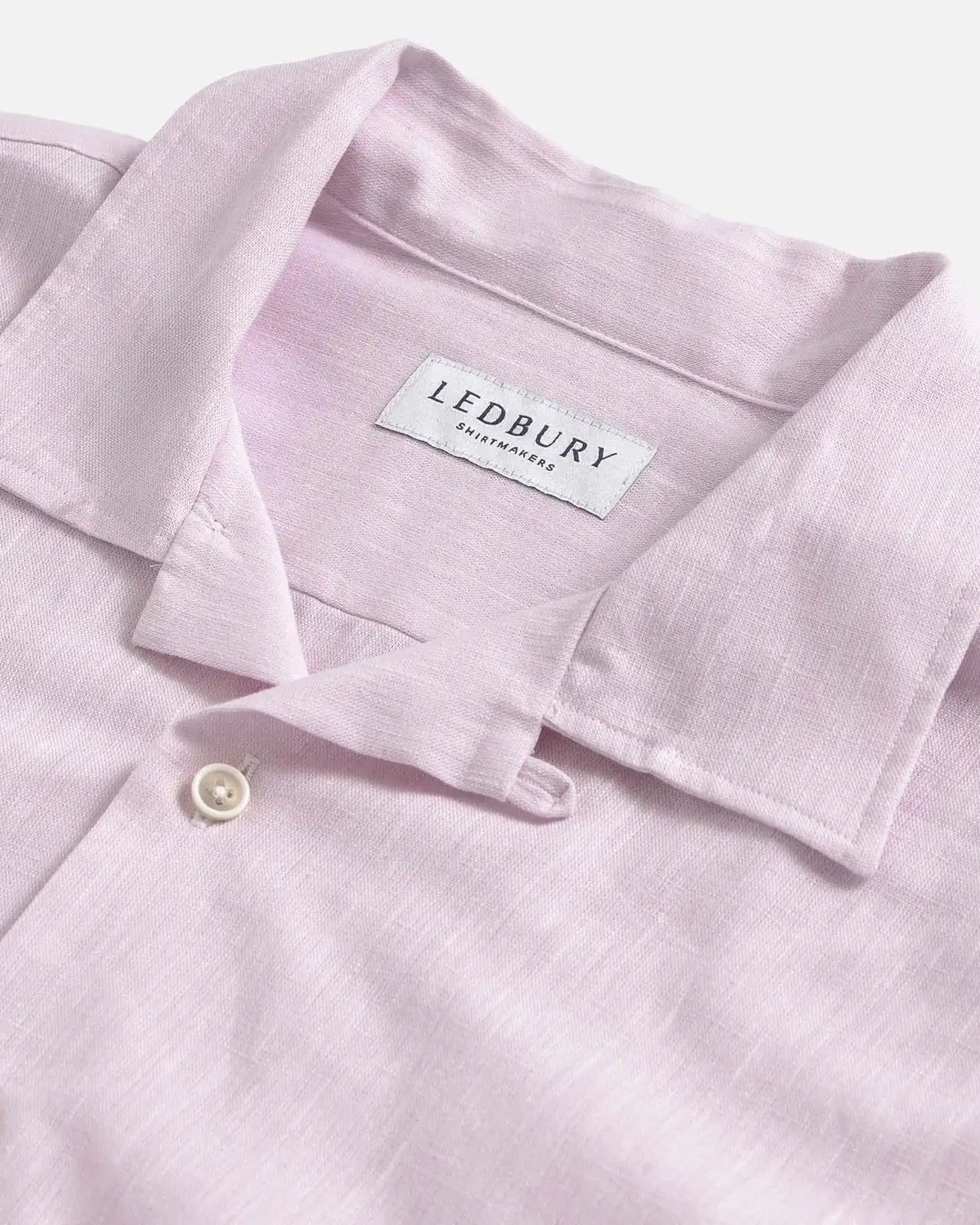 Camp collar detail on the Pink Sandoval — open, flat-lying collar in slub cotton chambray