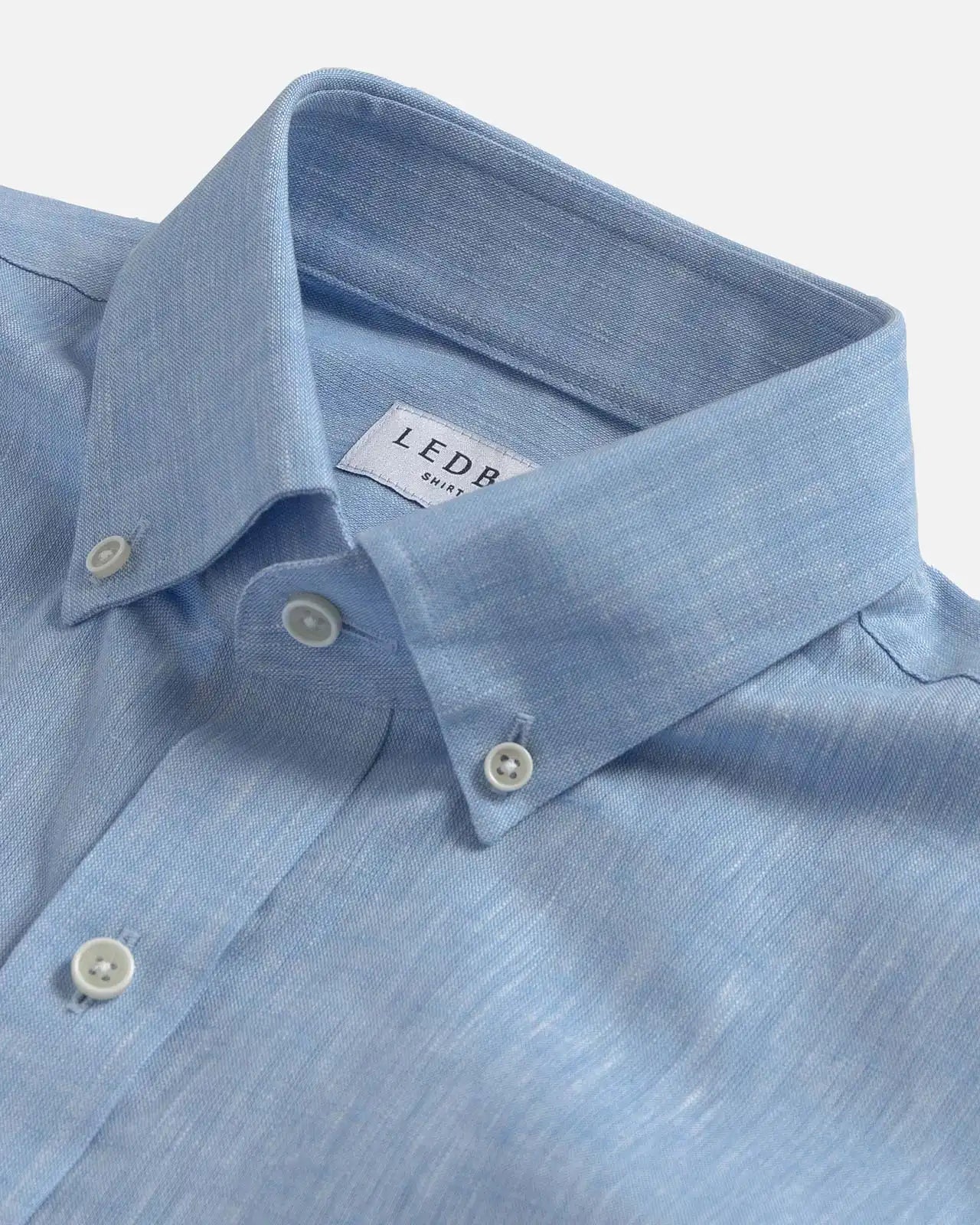 Light Blue Sandoval short sleeve shirt collar detail — button down oxford chambray, Ledbury