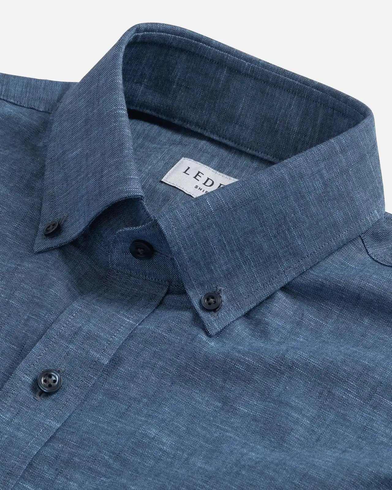 Medium Blue Sandoval short sleeve shirt collar detail — oxford chambray weave, Ledbury