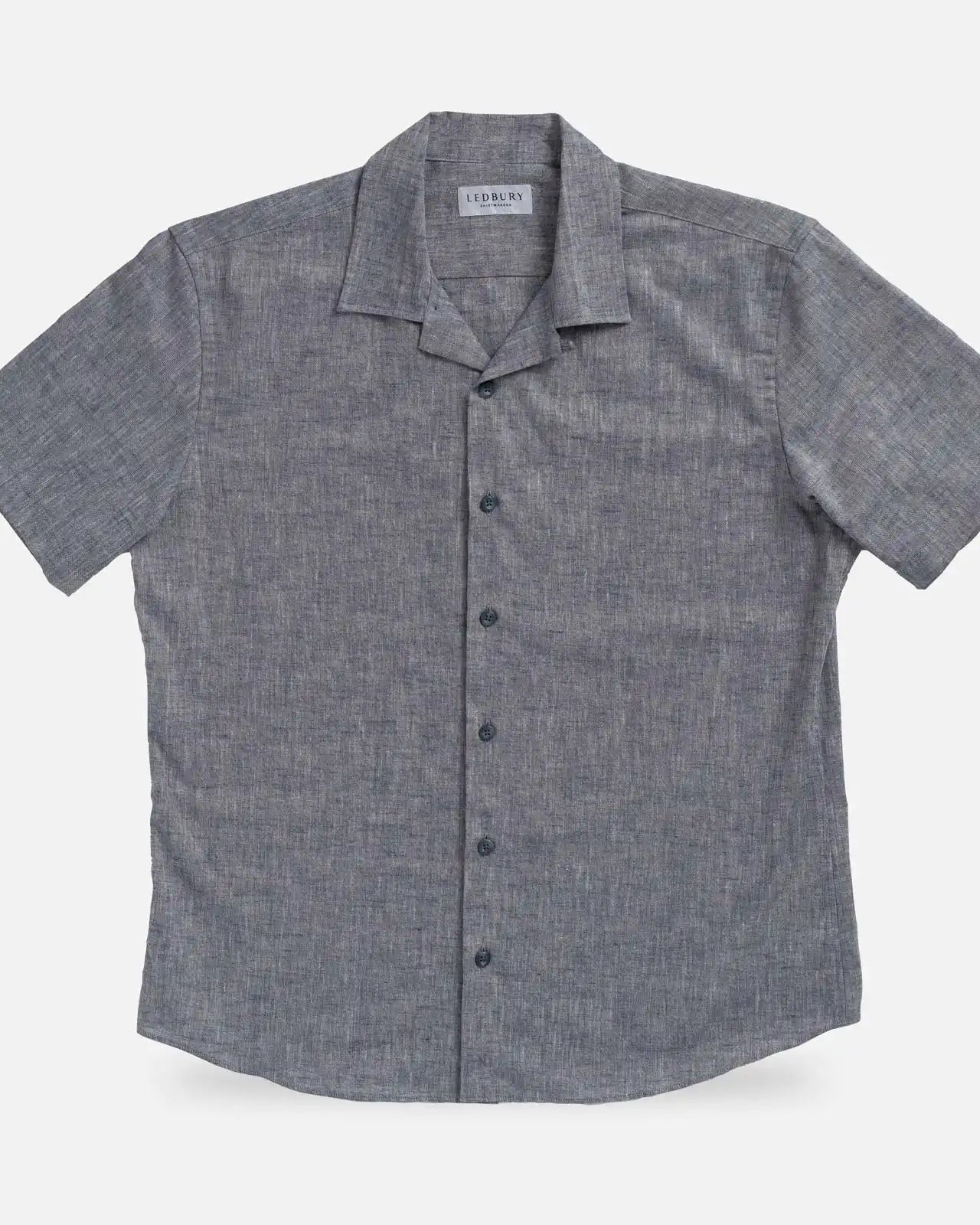 Navy Blue Sandoval Camp Collar shirt flat lay — slub cotton oxford chambray texture in navy blue