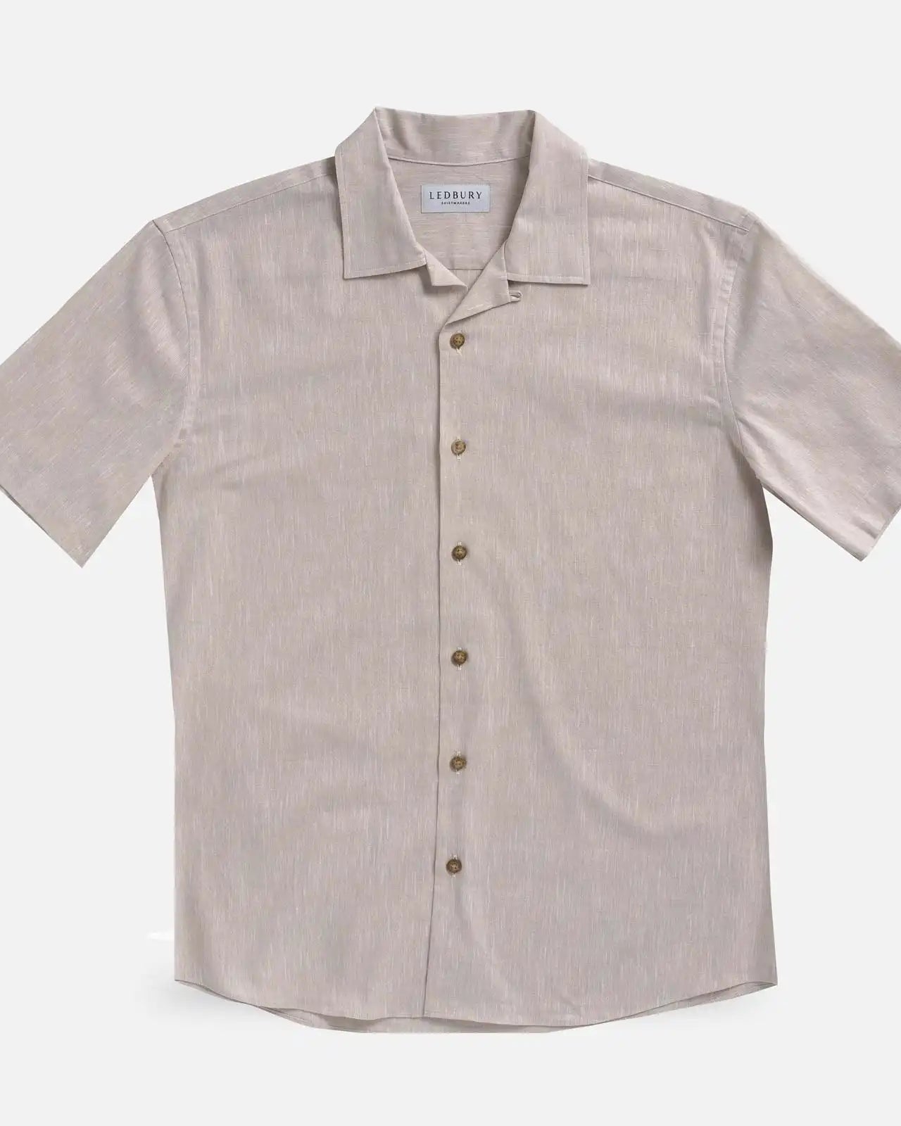 Ecru Sandoval Oxford Chambray Camp Collar custom shirt — flat lay
