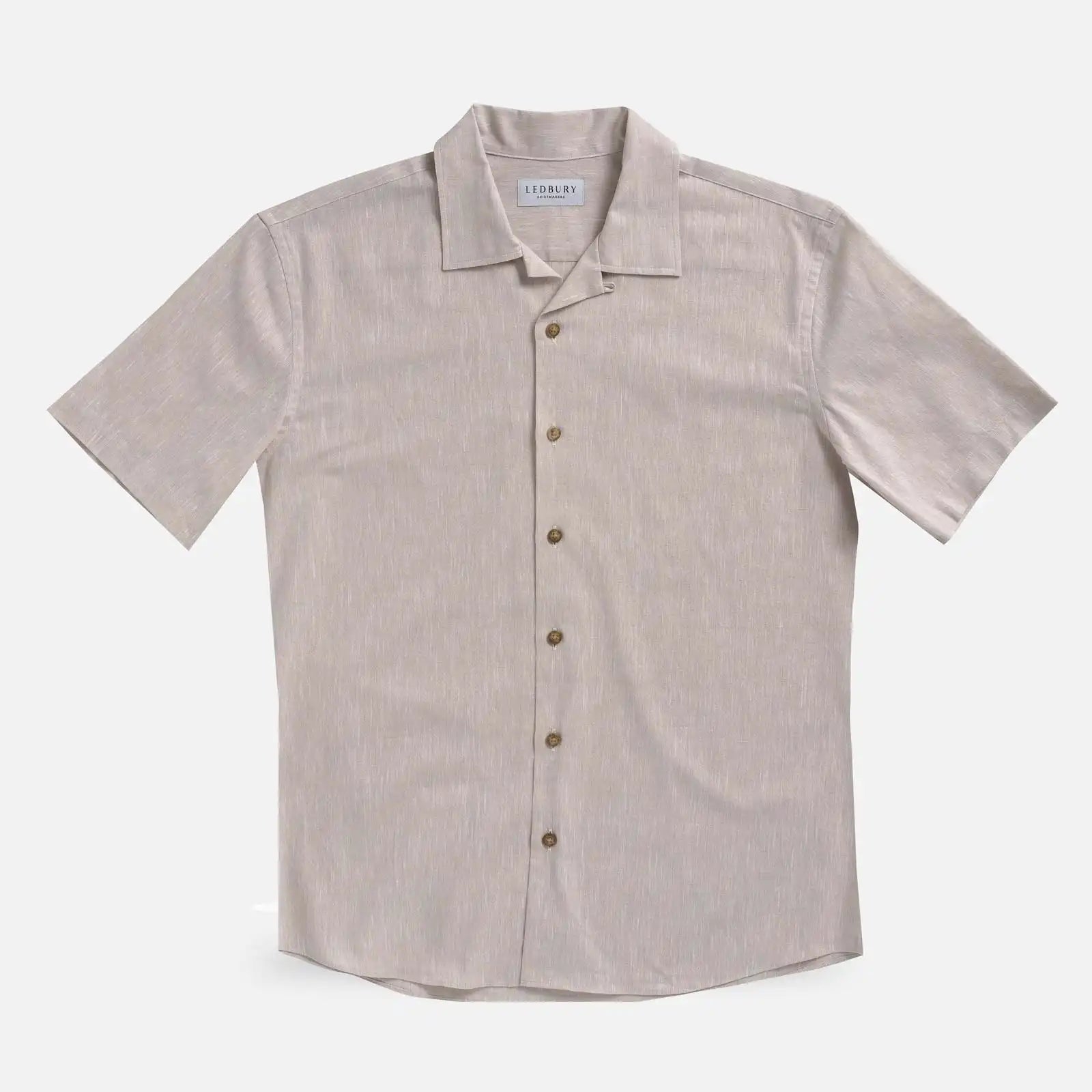 Ecru Sandoval Oxford Chambray Camp Collar custom shirt — flat lay