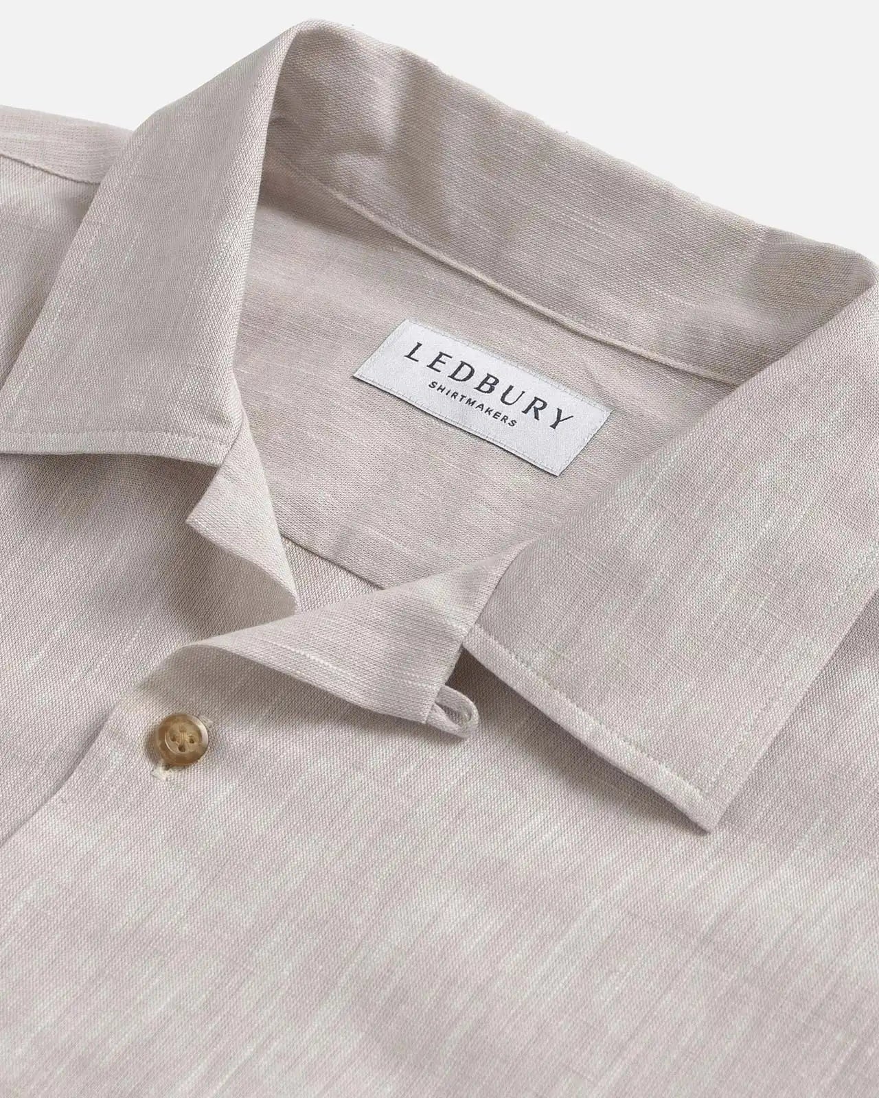 Camp collar detail on the Ecru Sandoval — open, flat-lying collar in slub cotton chambray