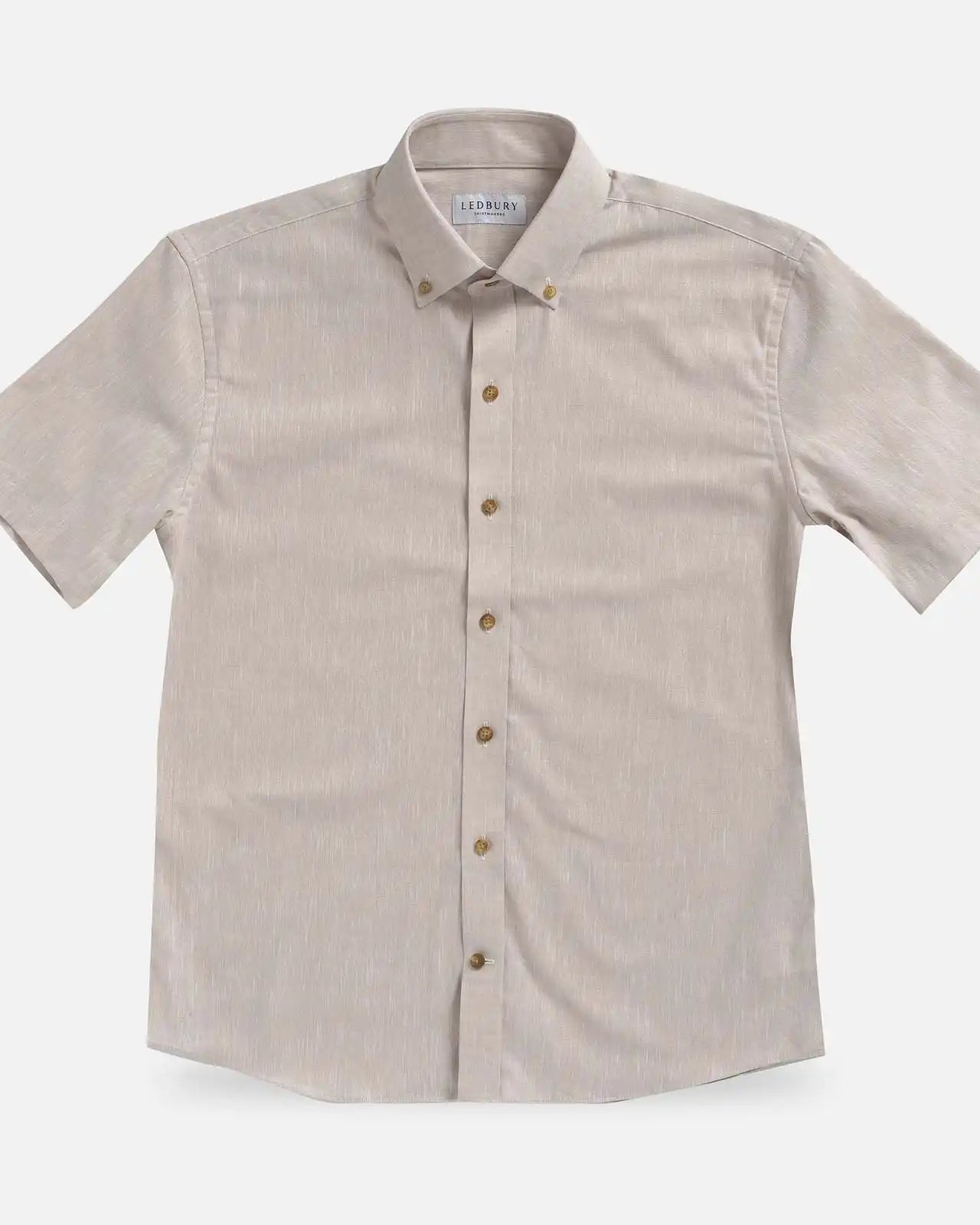 Ecru Sandoval Oxford Chambray short sleeve shirt laid flat — slub cotton fabric detail, Ledbury