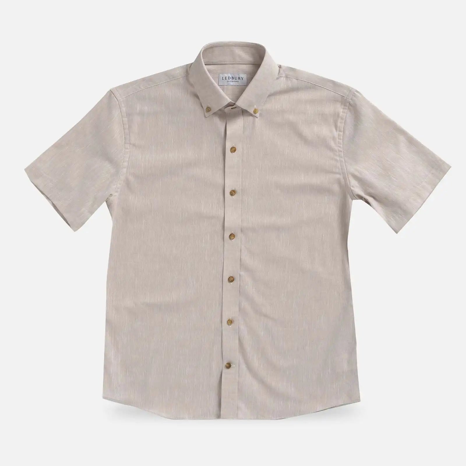 Ecru Sandoval Oxford Chambray short sleeve shirt laid flat — slub cotton fabric detail, Ledbury