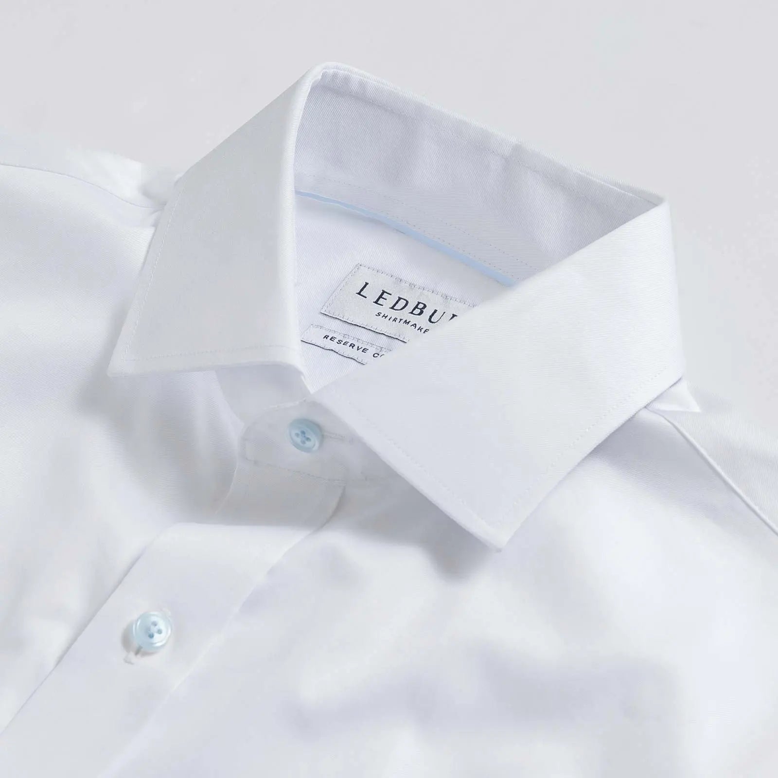 The White Signature Fine Twill with Light Blue Buttons Custom Shirt Custom Dress Shirt- Ledbury