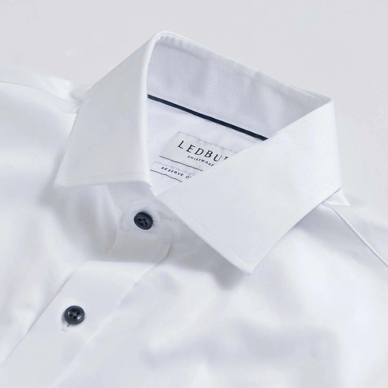 The White Signature Fine Twill with Navy Buttons Custom Shirt Custom Dress Shirt- Ledbury