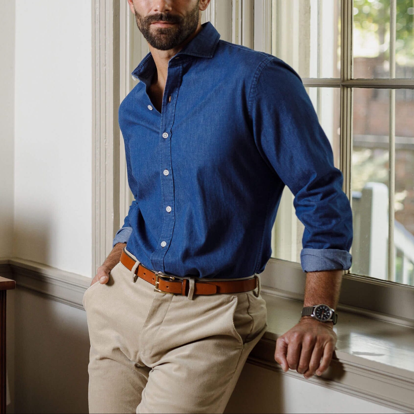 The Denim Blue Charlap Indigo Denim Custom Shirt Custom Casual Shirt- Ledbury