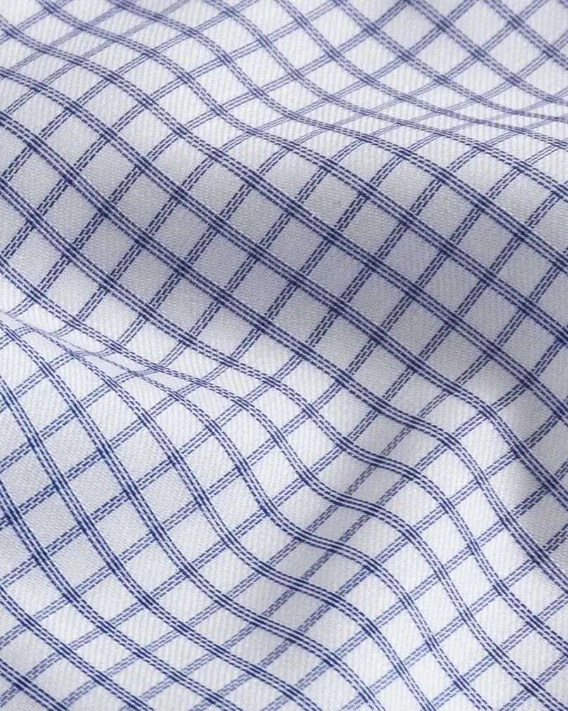 Blue check fabric close-up - Ledbury Comfort Stretch 100% cotton shirting