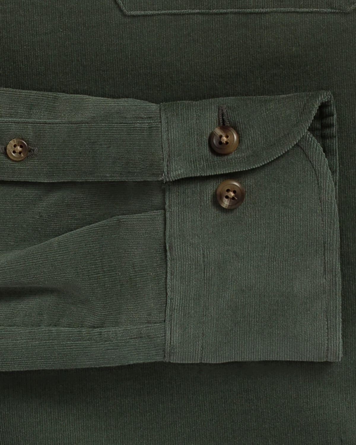 Close-up detail of an olive green corduroy shirt pocket with buttoned flap and dark brown buttons.
