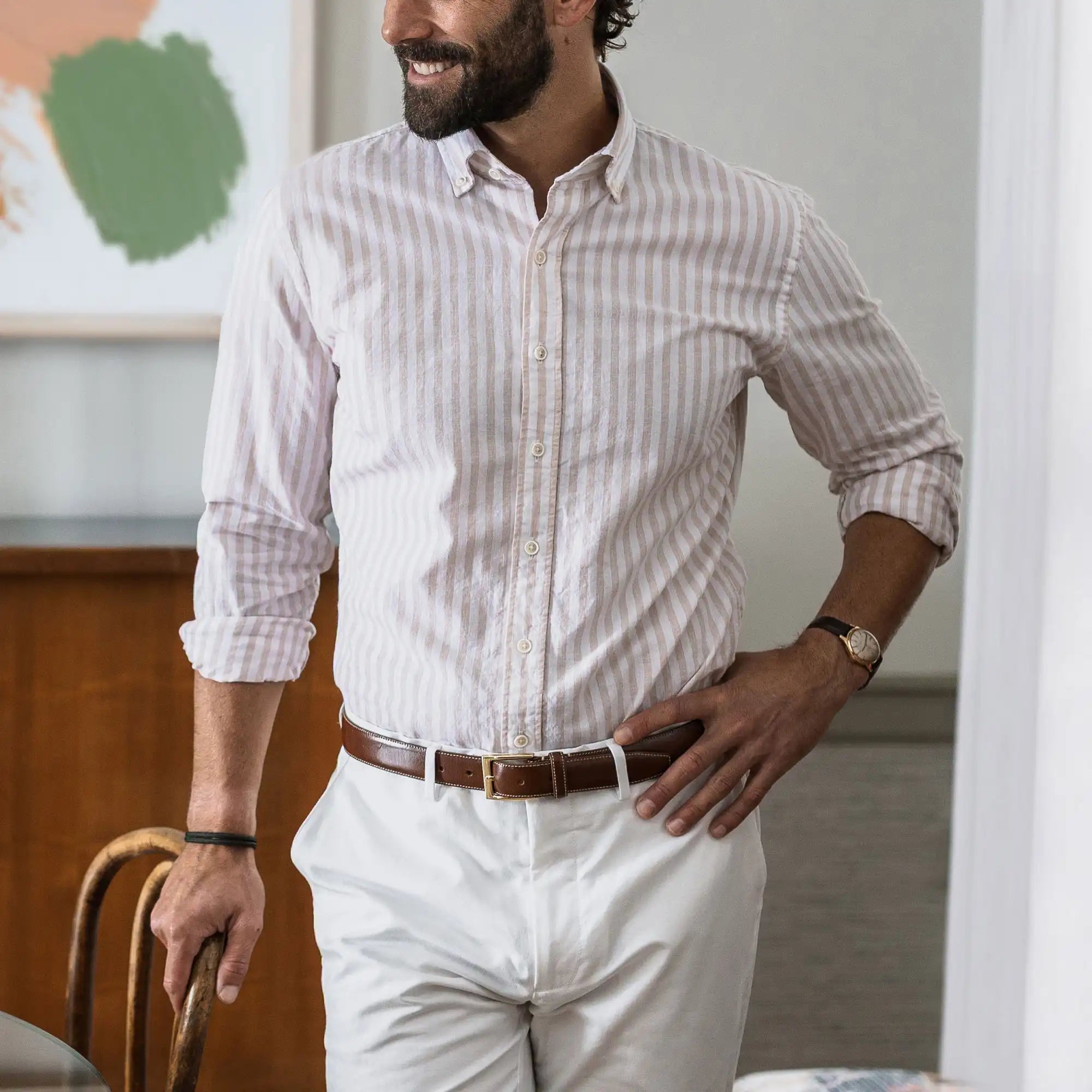 The Tan Barretto Stripe Cotton Linen Custom Shirt Custom Casual Shirt- Ledbury