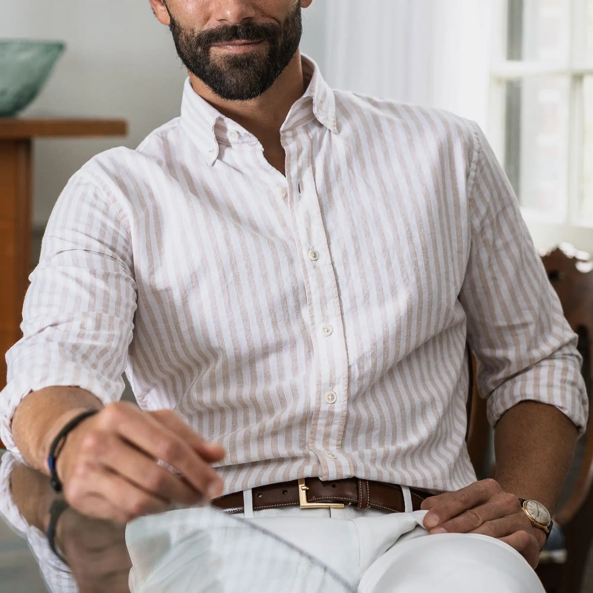 The Tan Barretto Stripe Cotton Linen Custom Shirt Custom Casual Shirt- Ledbury