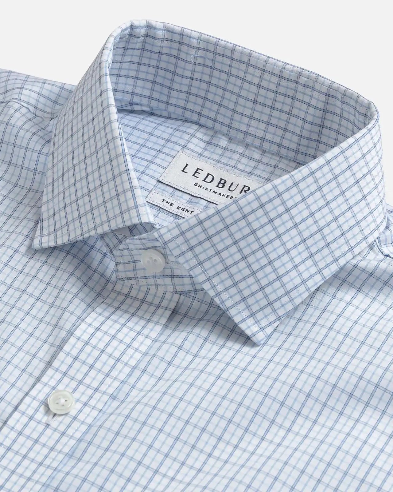 Blue tattersall dress shirt collar detail – Ledbury Kent reinforced collar