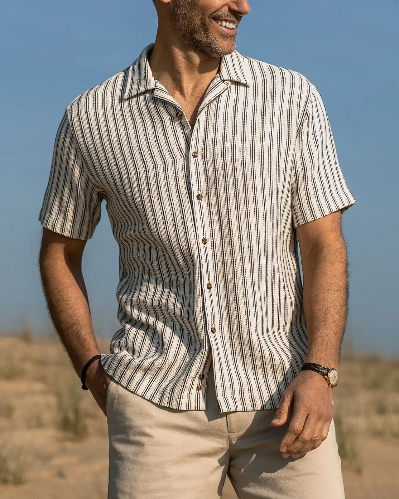 Ledbury Navy Costa Stripe Camp Collar shirt — lifestyle shot