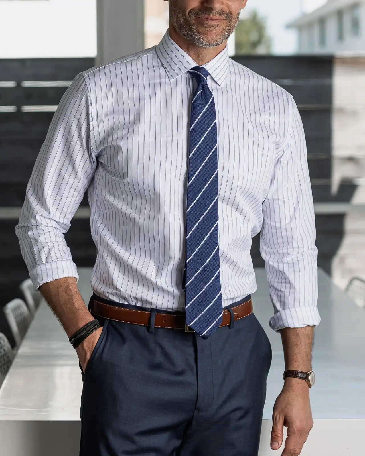 Navy stripe oxford shirt styled for business casual - Ledbury