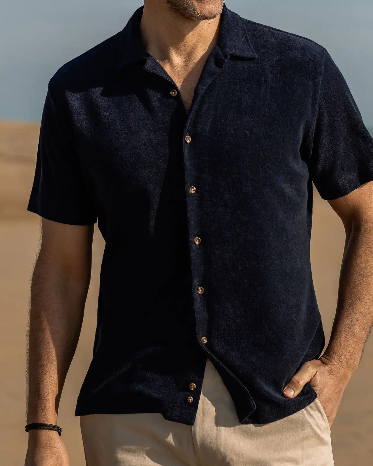 Navy terry cloth camp collar shirt styled for summer - Ledbury