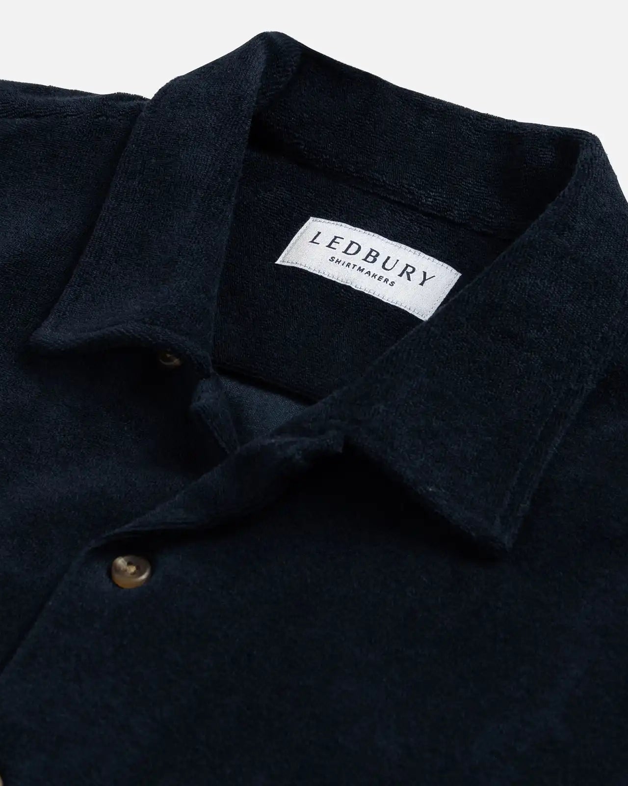Camp collar detail on the Navy Clancy Terry Cloth shirt - Ledbury