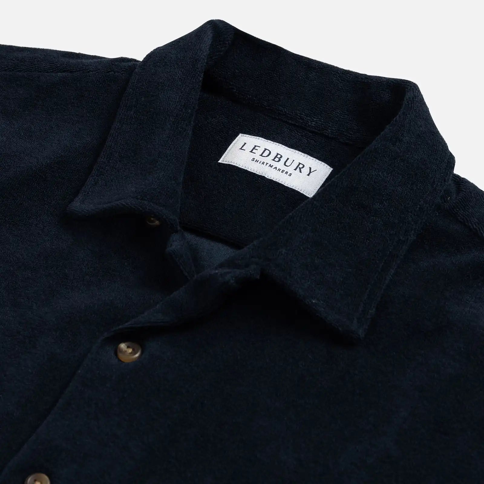 Camp collar detail on the Navy Clancy Terry Cloth shirt - Ledbury
