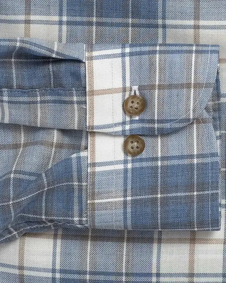 Sleeve detail of the Ledbury Faded Blue Coulter Plaid Custom Shirt — customizable sleeve length