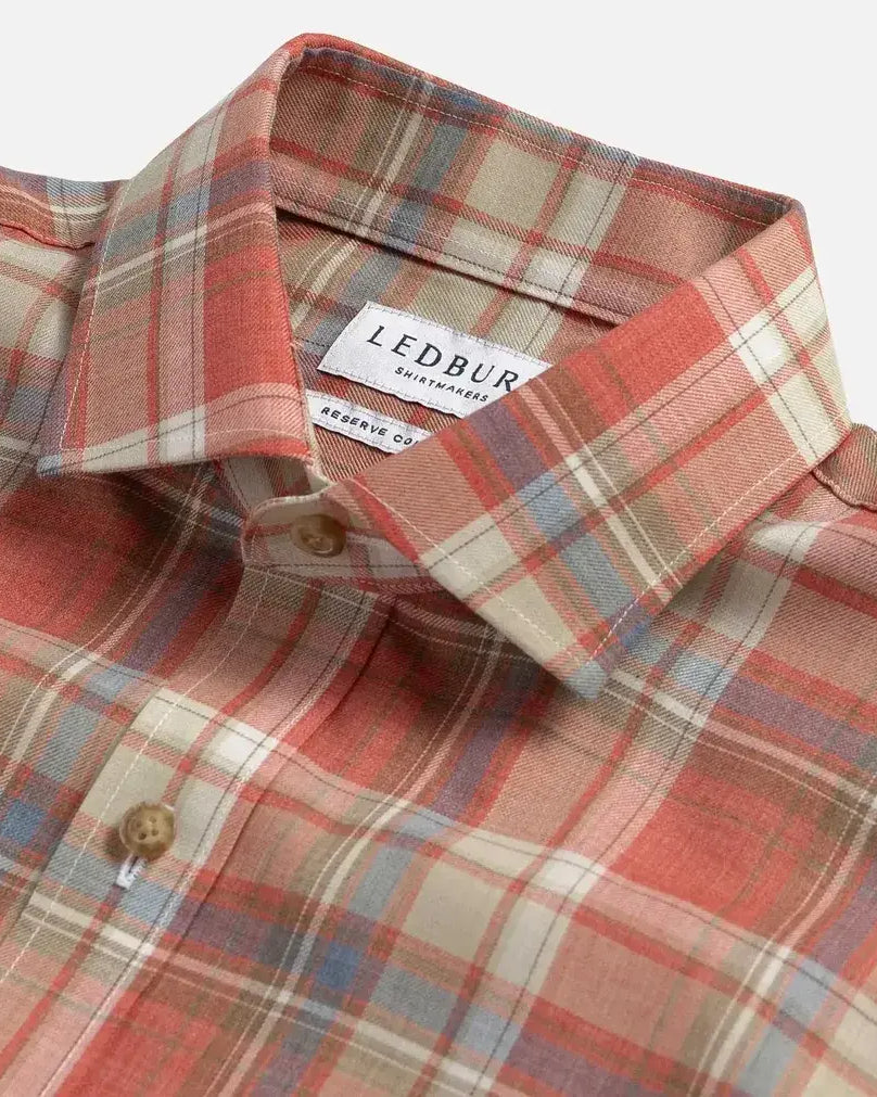 Close-up of the collar on the Ledbury Faded Red Coulter Plaid Custom Shirt — customizable collar style