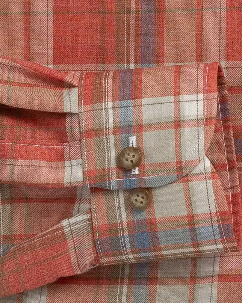 Sleeve detail of the Ledbury Faded Red Coulter Plaid Custom Shirt — customizable sleeve length