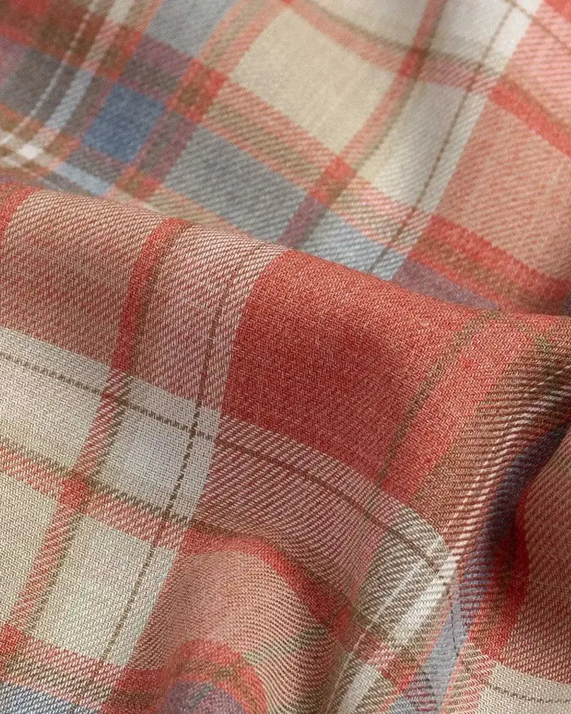 Fabric detail of the Ledbury Faded Red Coulter Plaid Custom Shirt — lightweight Japanese recycled polyester and organic cotton blend