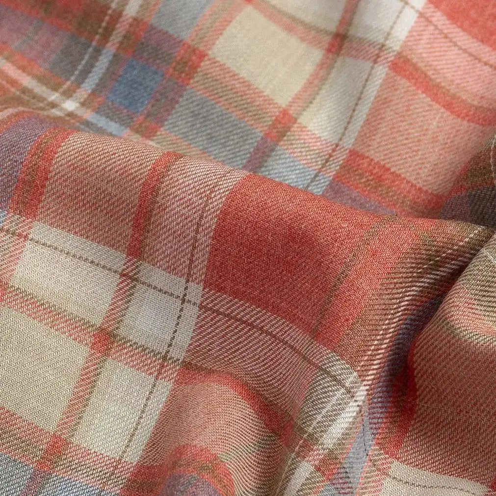 Fabric detail of the Ledbury Faded Red Coulter Plaid Custom Shirt — lightweight Japanese recycled polyester and organic cotton blend