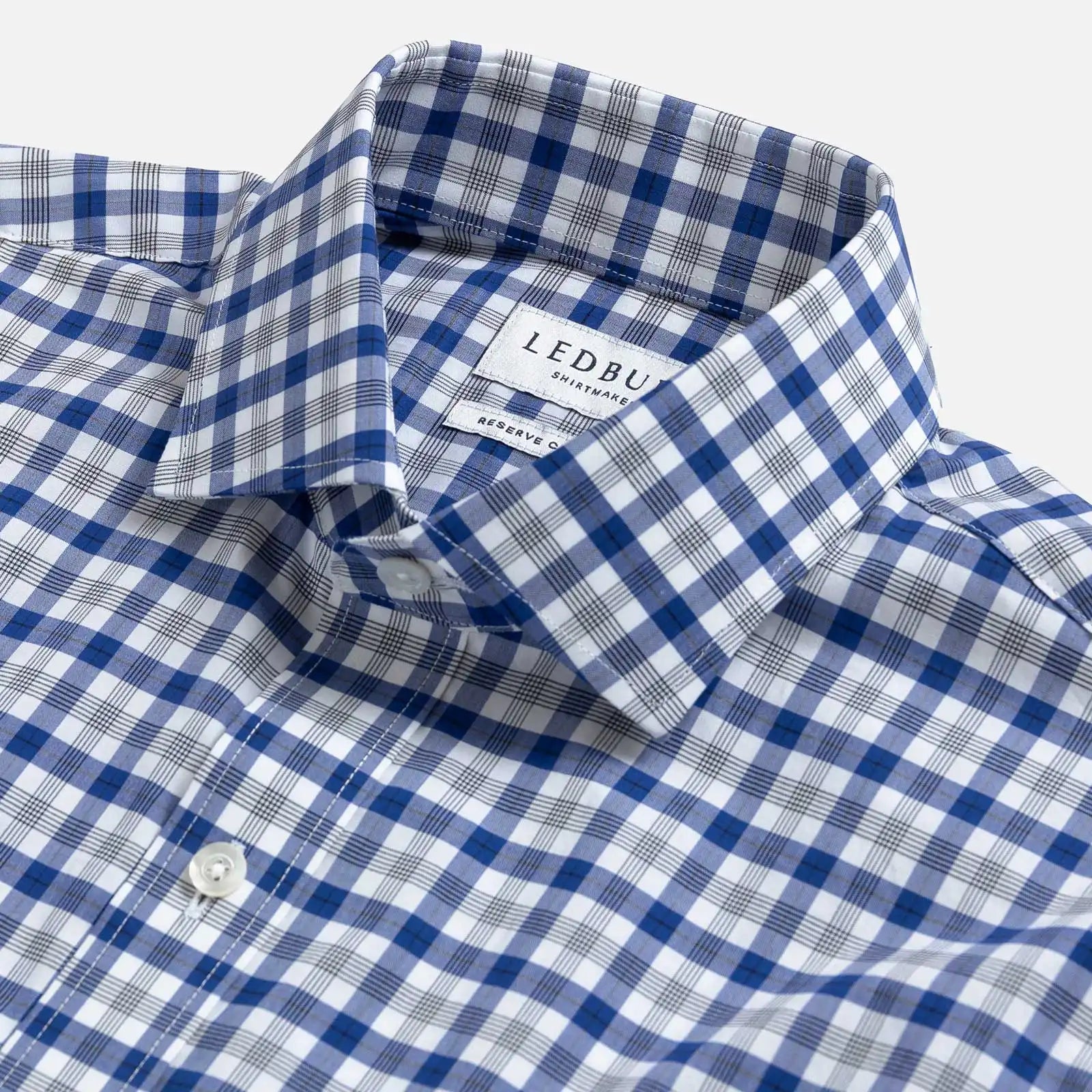 Thomas Mason Currier Check shirt collar detail - semi-spread Quint collar with mother of pearl buttons