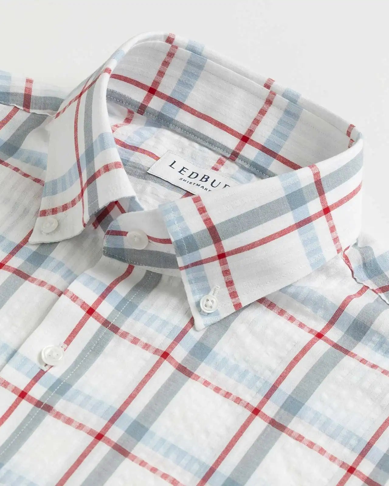 Close-up of button-down collar on the Red Pepper Bartlett Plaid custom shirt