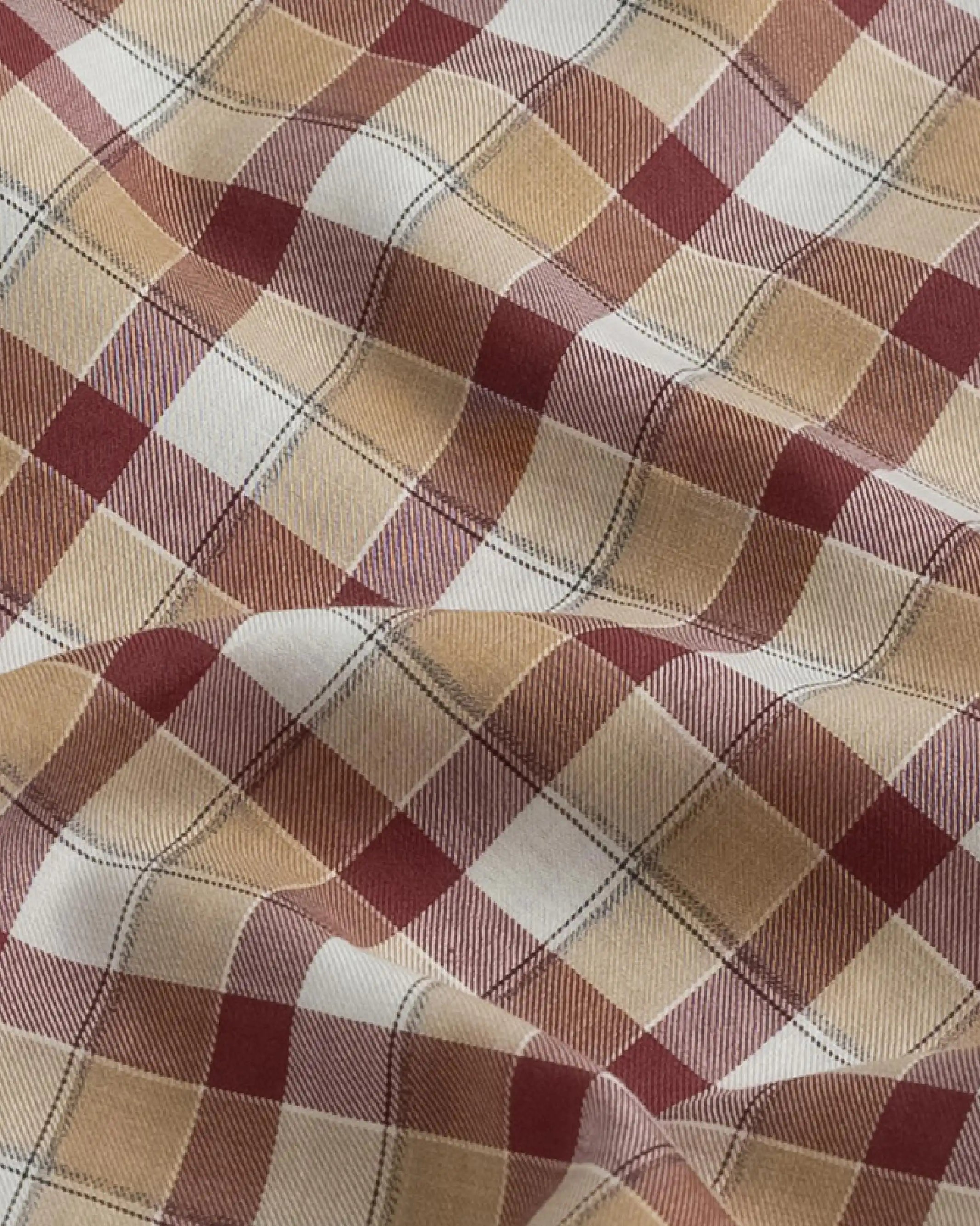 Brick red and beige plaid Albini Calloway plaid fabric close-up