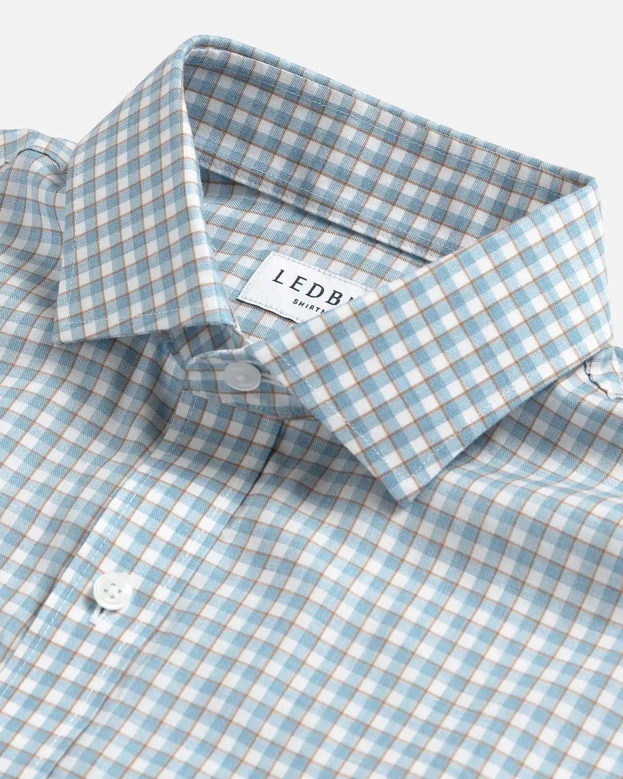 Sky blue Newhall check shirt collar - refined pattern detail and expert construction