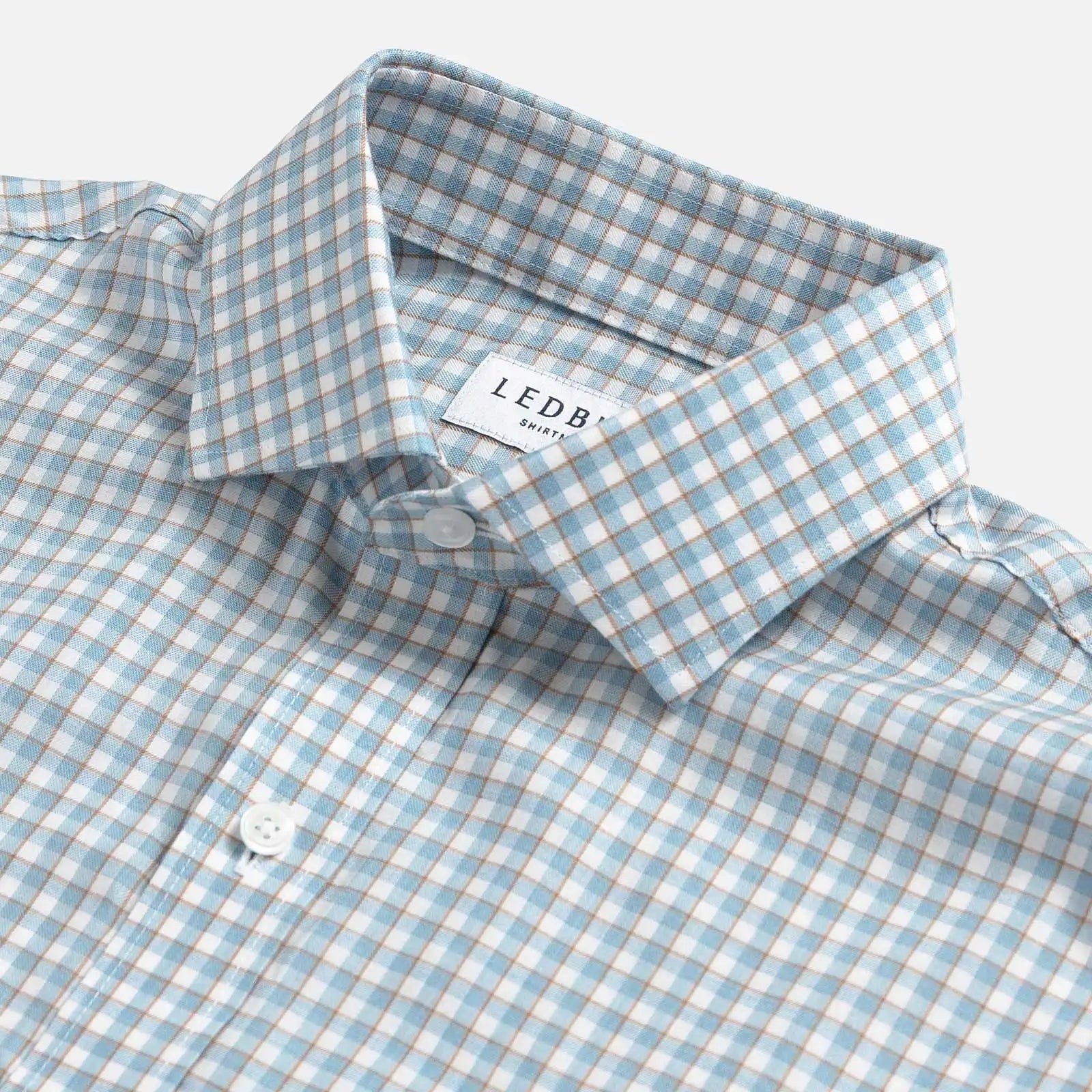 Sky blue Newhall check shirt collar - refined pattern detail and expert construction